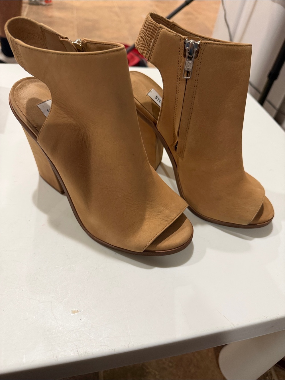 Steve Madden Tan Open-Toe Block Heel Ankle Booties